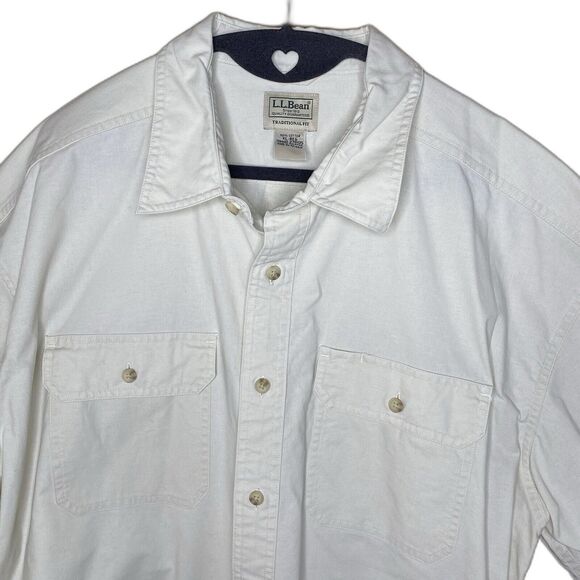 LL Bean Sunwashed Canvas Button Shirt Traditional Fit Short Sleeve Mens XL Cream - Picture 2 of 6